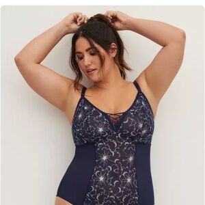 Torrid Bodysuit Embroidered Stars Blue & Silver Women's Navy Lace Bodysuit